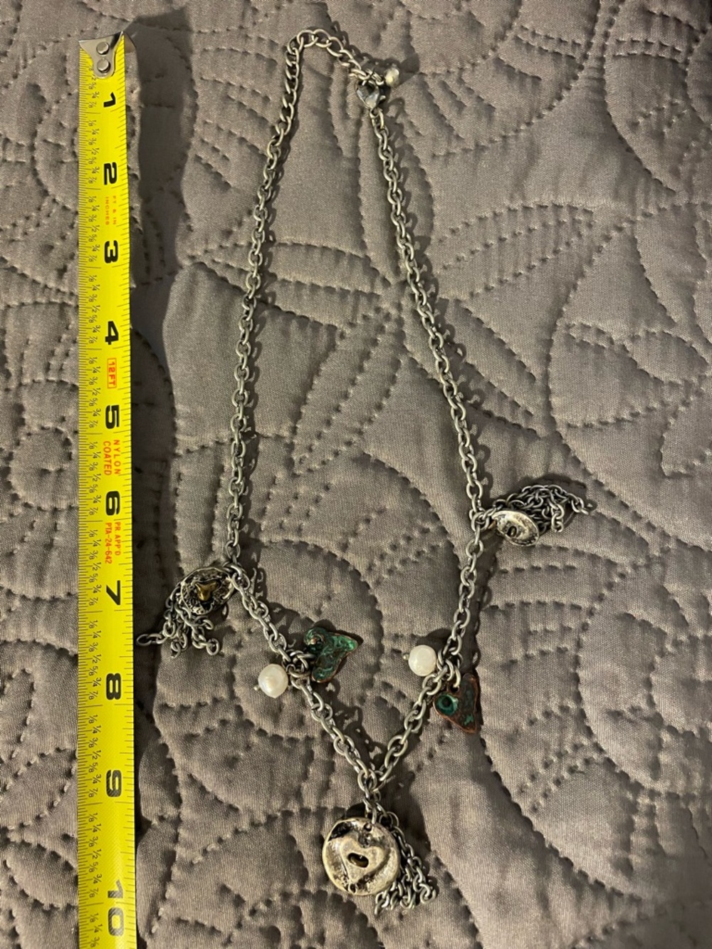 Silver-Tone Heart Charm Necklace with Patina Accents